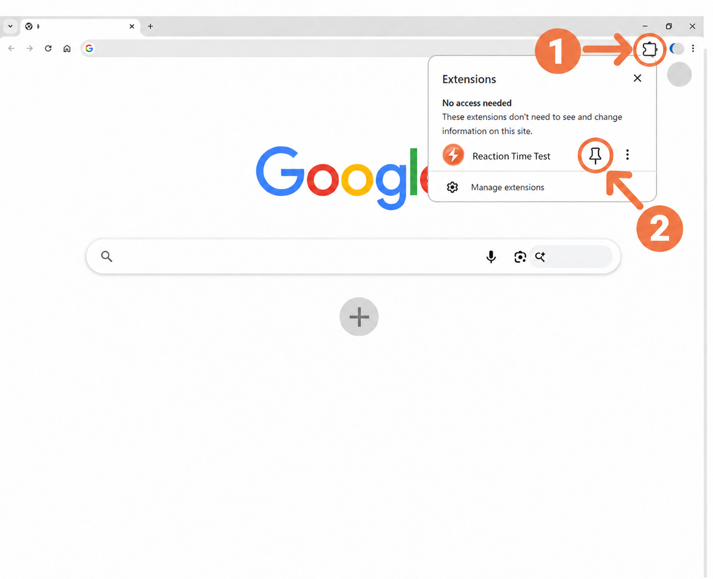 Steps 1 and 2: open Chrome extensions and pin Reaction Time Test
